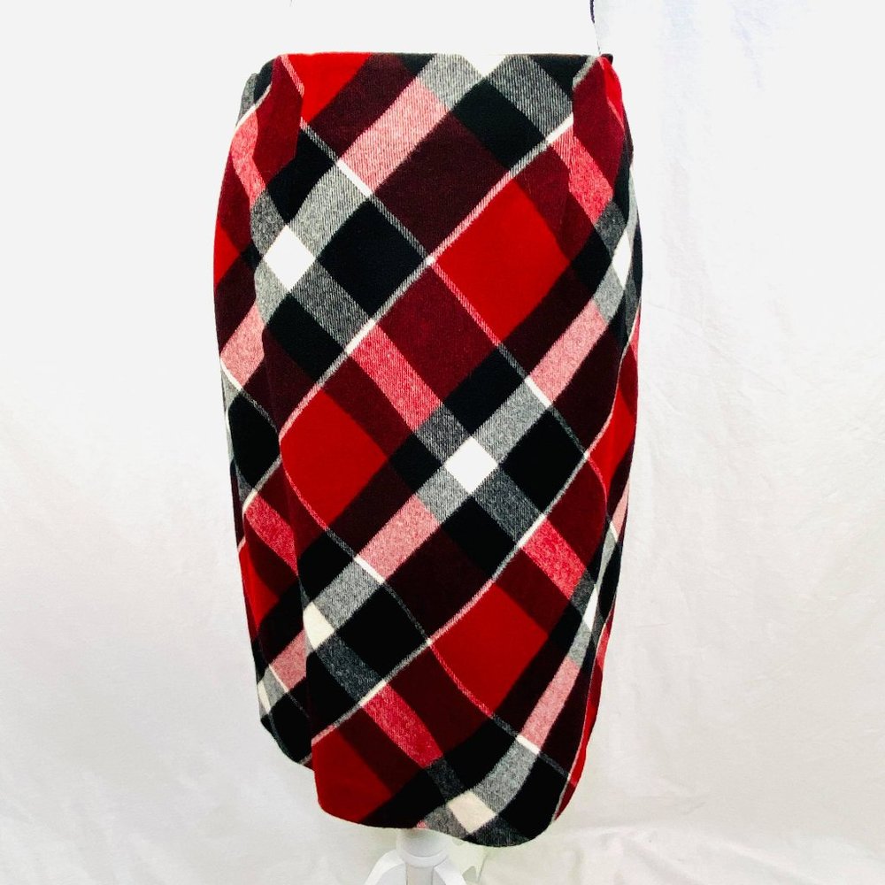 Kate Hill 100% Wool Plaid Black White & Red Skirt